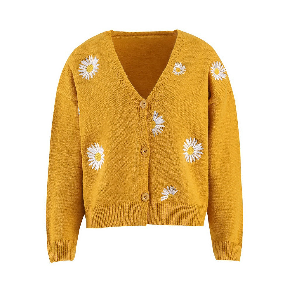 Women's Single Breasted Sweater Chrysanthemum Embroidered