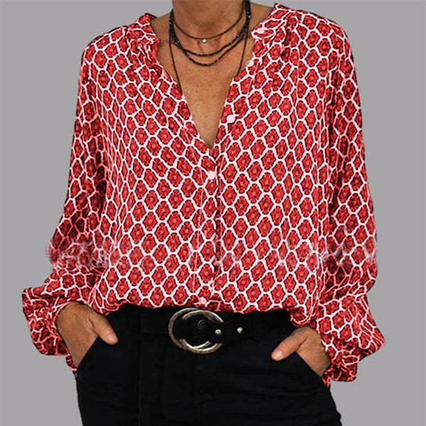 Fashion Lozenge Print V-Neck Shirt Casual Loose Long Sleeve
