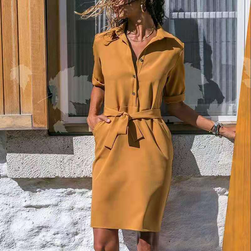 Lapel Collar Solid Color Three-Quarter Sleeve Dress