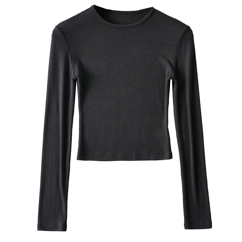 Turtleneck Round Neck Long Sleeve Slim Fit Short High Waist Women's T-shirt