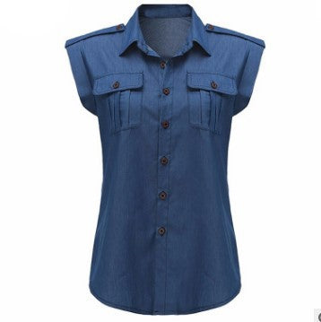 Summer Women Vintage Buttons Pockets Blouses Sexy Sleeveless