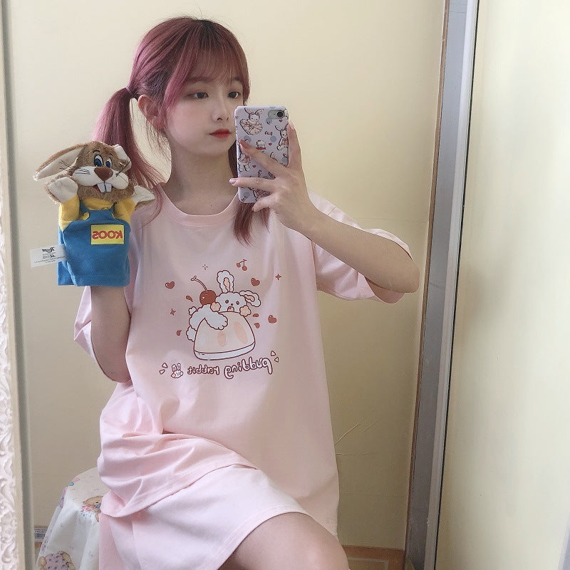 Pink Short Sleeve Printing T-shirt Cartoon Print Girls T-shirt Women