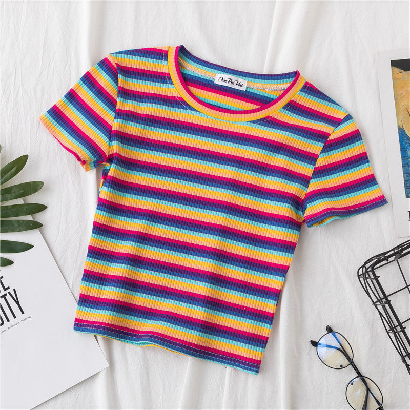 Crop T-shirt Women Short Short Sleeve Rainbow Stripe