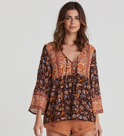 Jastie Summer Gypsy Vintage Style Button Up Blouse V Neck