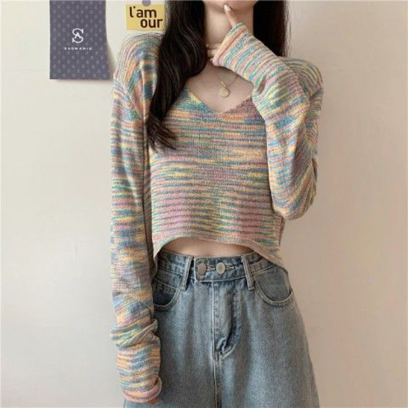 Women Fashion V Neck Tie-dyed Long Sleeve Crop Top