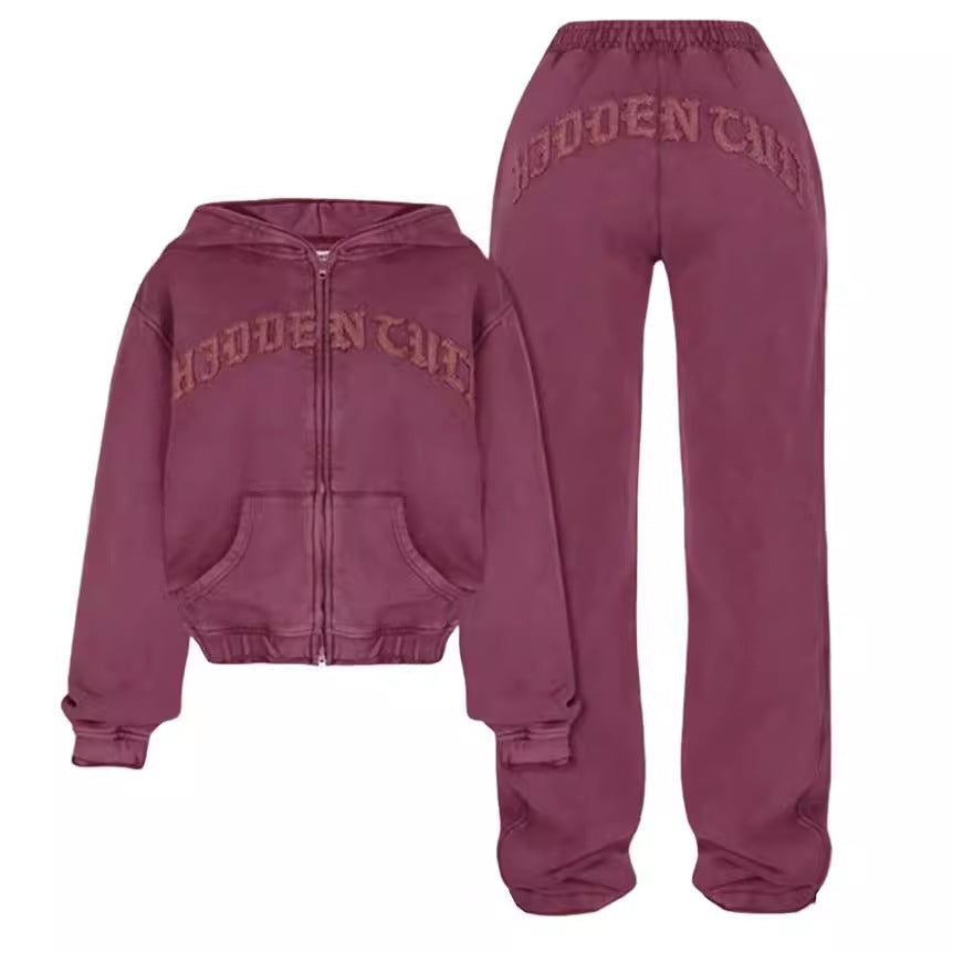 Ins Letter Sports Suit Zip-up Hooded Cropped Sweatshirt