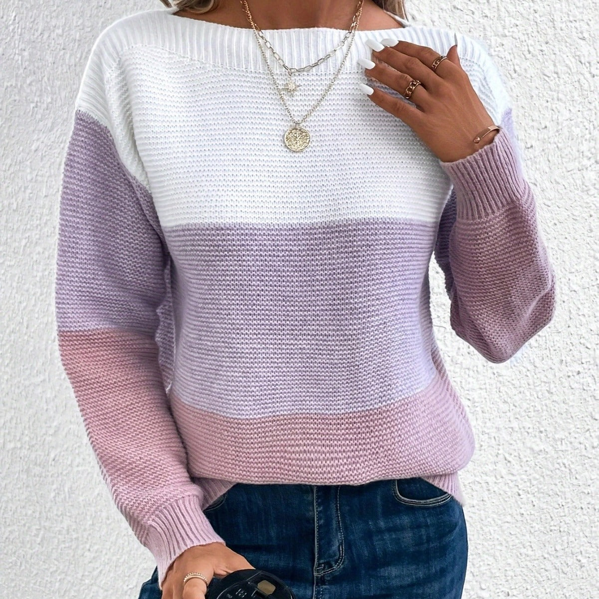 Pullover Knitted Sweater Fashion Round Neck Splicing Knitwear