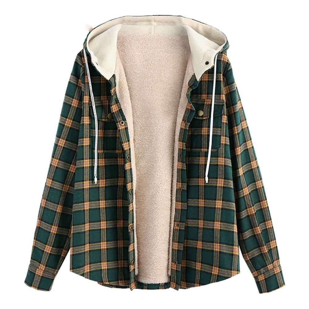 Plush Plaid Shirt Women's Medium Length Hooded Jacket