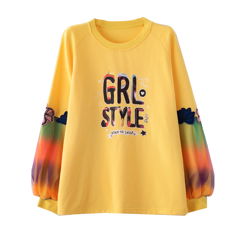 Round Neck Women's Wide-sleeved Lace Letter Printed Sweater