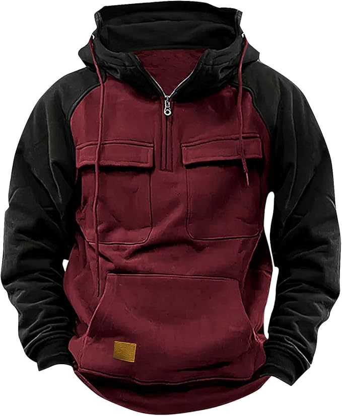 Fall Winter Retro Cargo Hoodies Men's Half Zipper Hooded