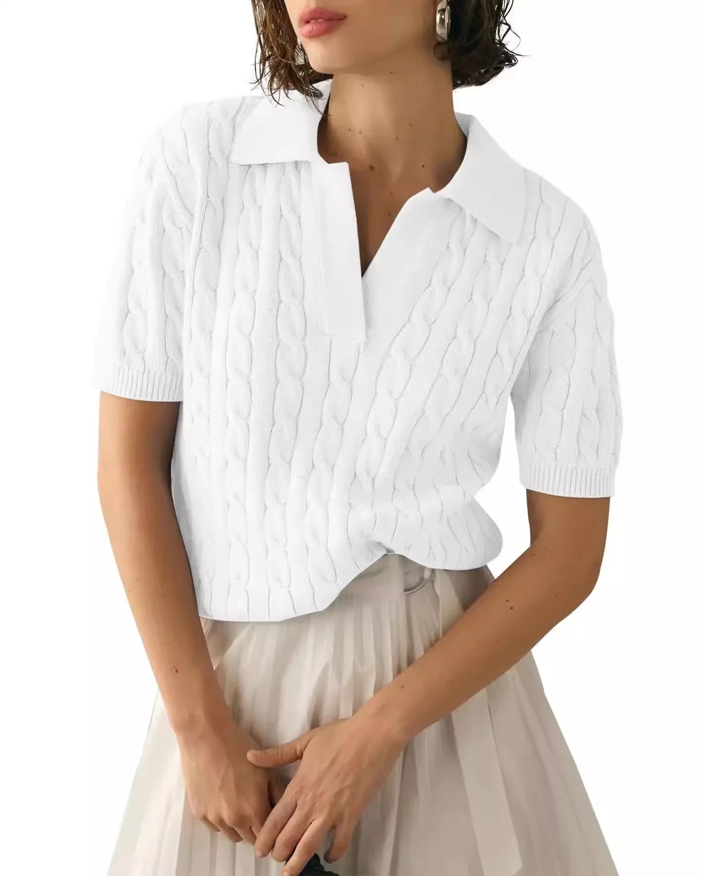 Women's Polo Collar Short-sleeved Knitted Sweater Pullover
