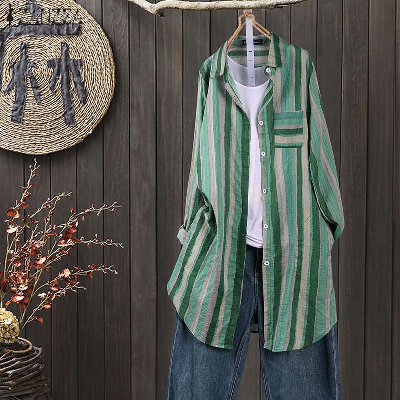 Women Autumn Stripe Lapel Neck Blouses Loose Tops