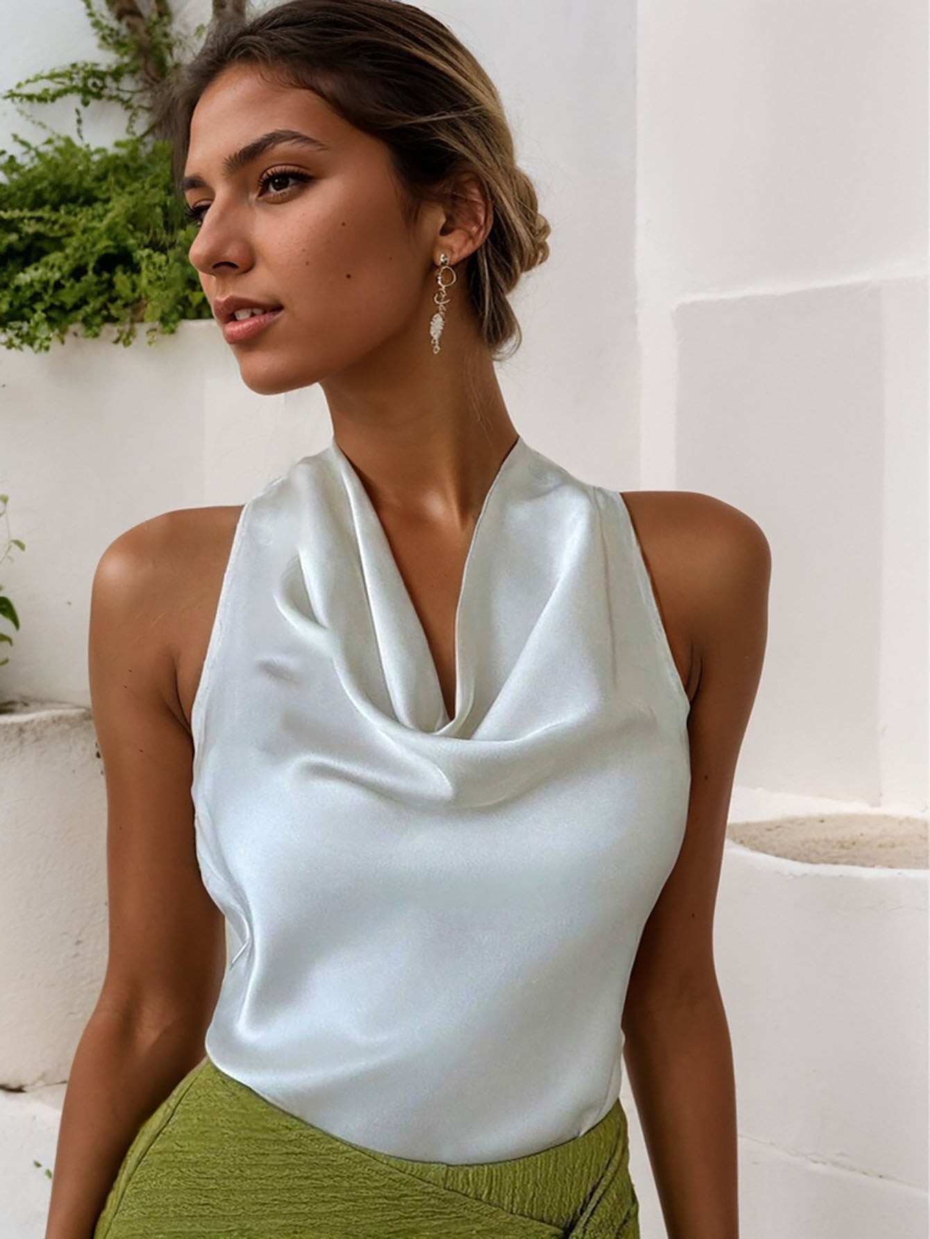 Women Solid Color Swing Collar Sleeveless Vest Trendy Elegant