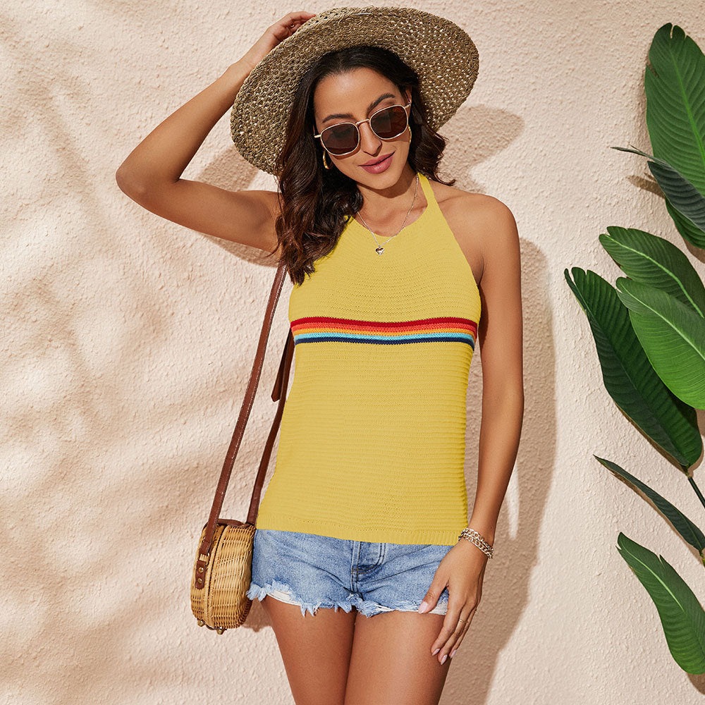 Women's Clothing Rainbow Color-blocking Halter Top