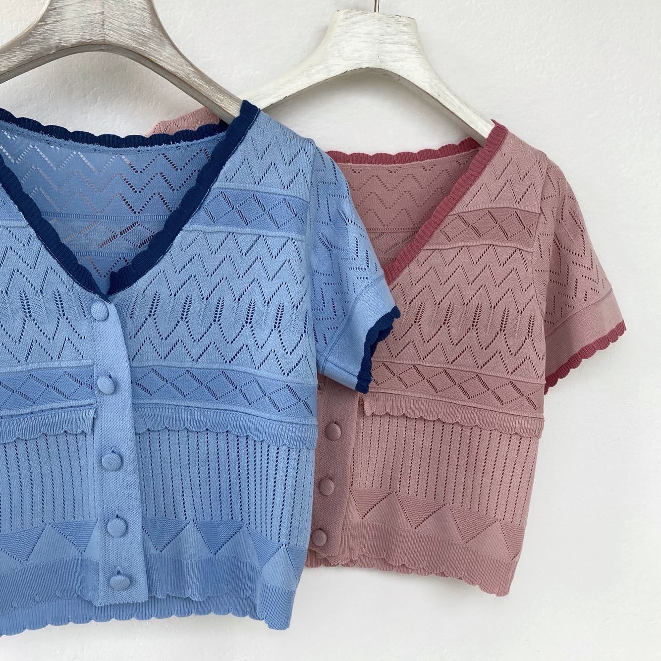 Knitted Short-sleeved T-shirt Cut Out Jacquard Short Top