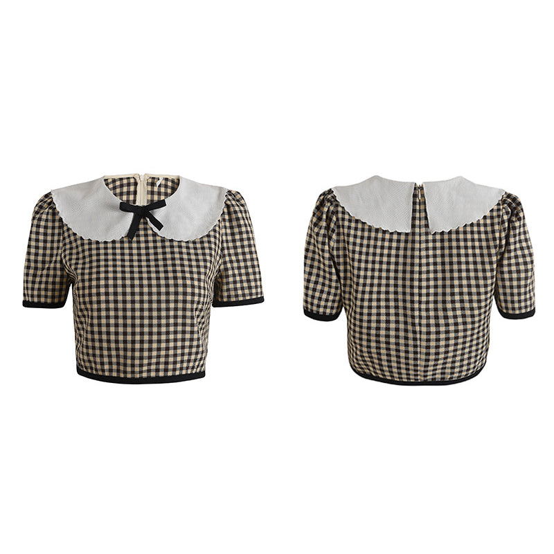 Doll Collar Plaid Crop Top Women High Waist Skirt