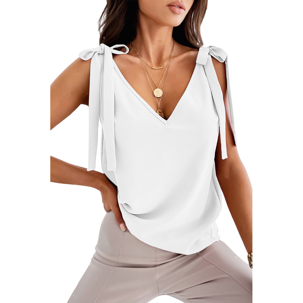 Bowknot Tie Up Camisole V-neck Shirts Women Summer Tops