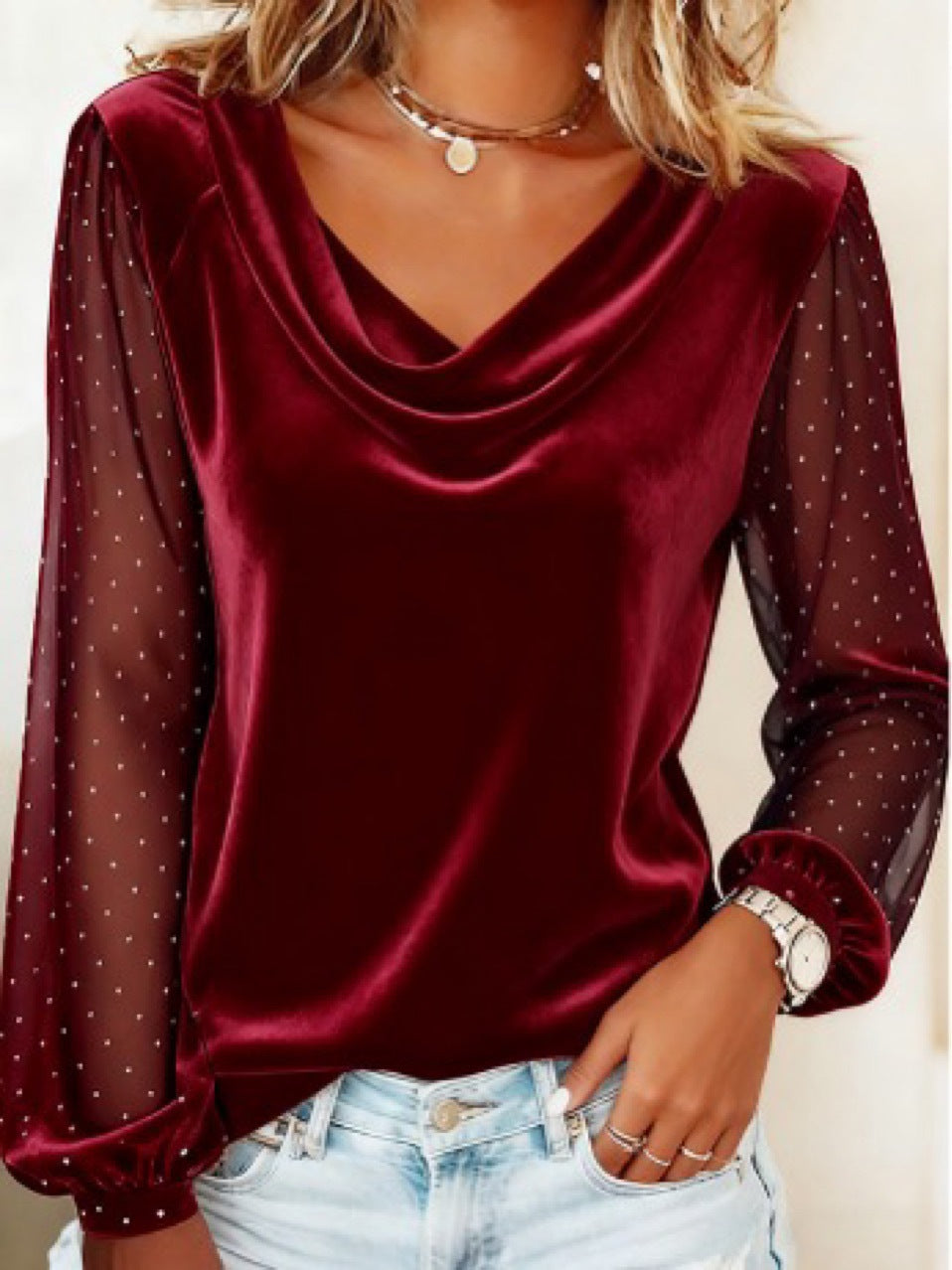 Women's Long Sleeve V-neck Velvet T-Shirt Women Elegant
