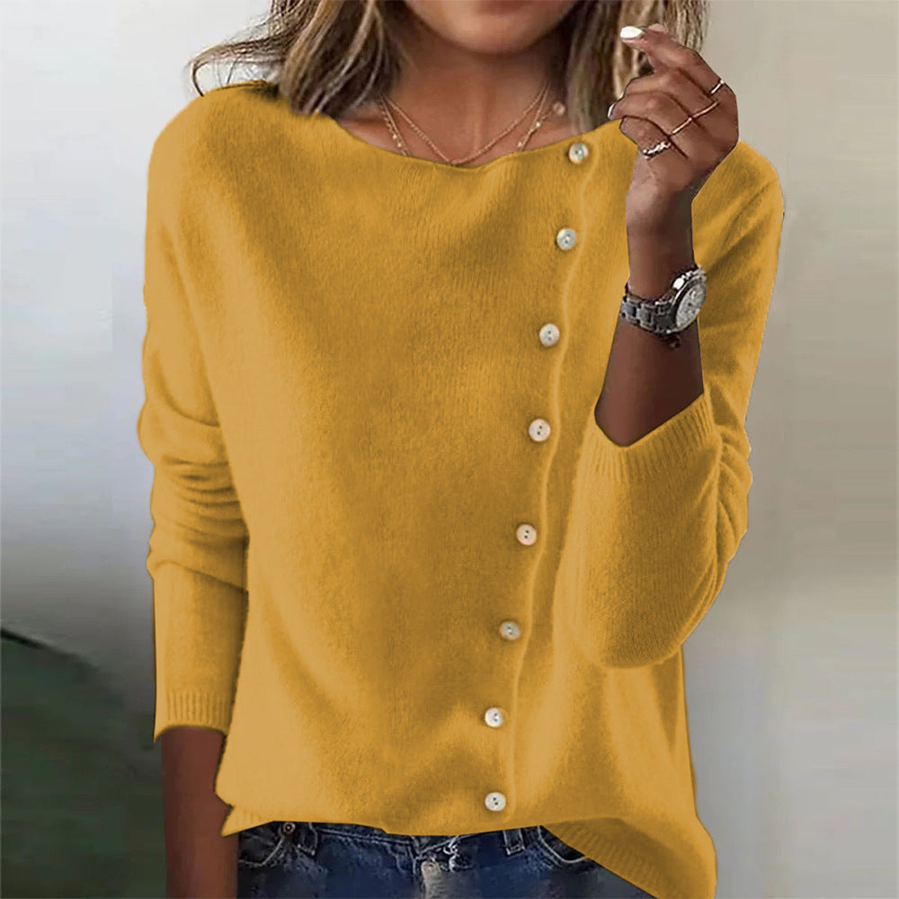 Elegant Round Neck Long Sleeve Button Sweater