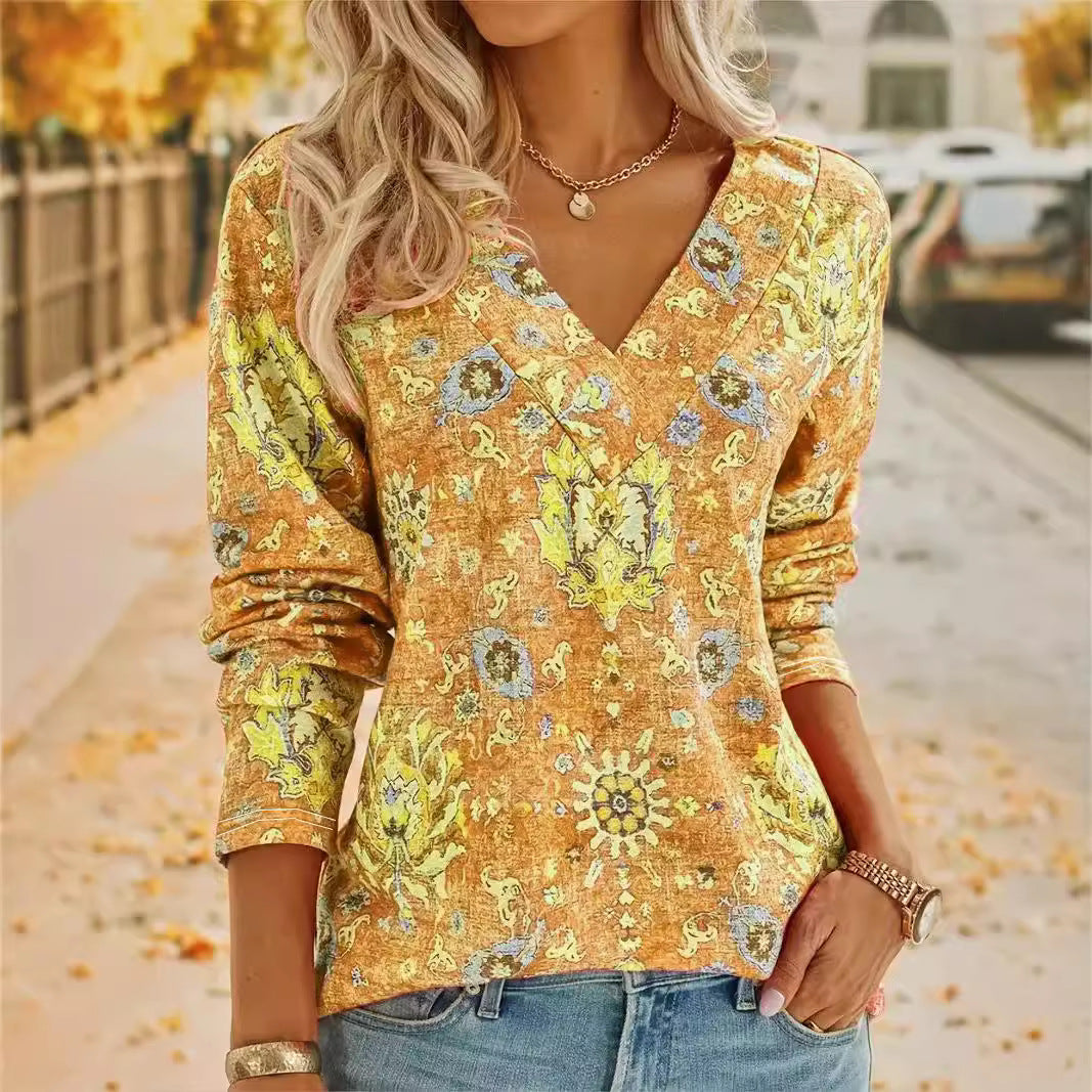 Big Size Bohemian Printed Long Sleeve T-Shirt V-Neck