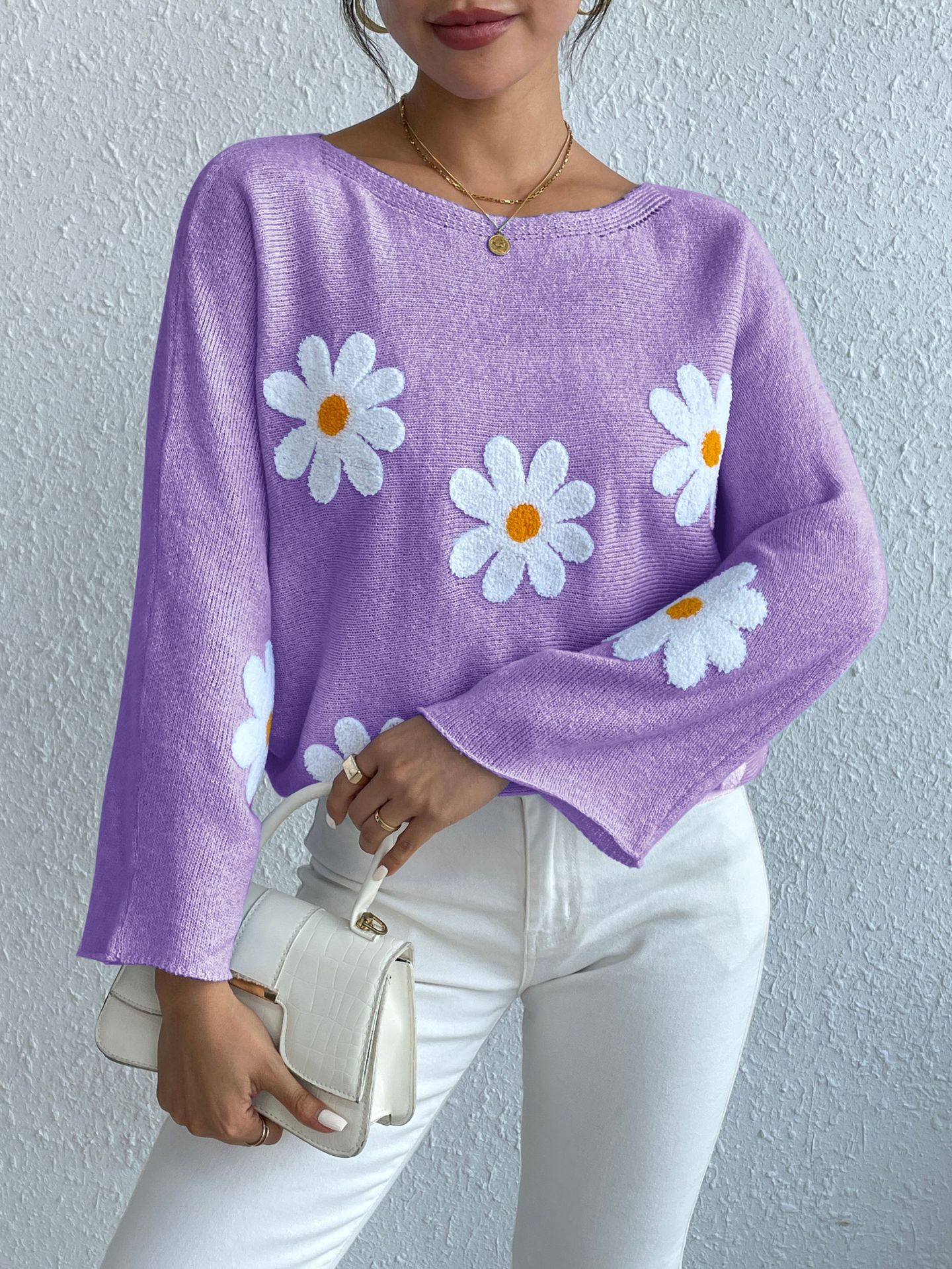 New Loose Bat Sleeve Sweater For Women Tops Embroidered