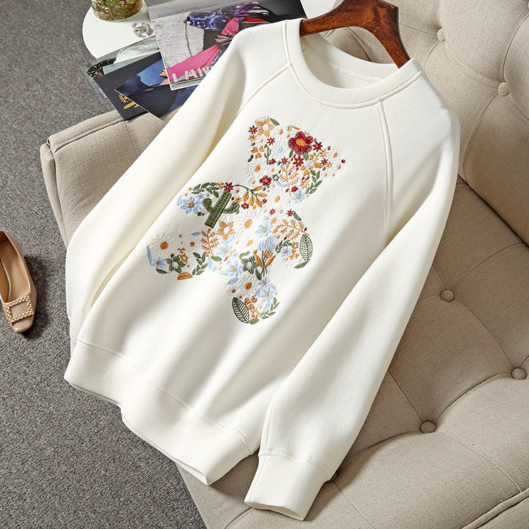 Embroidered Bear Space Cotton Sweater Women