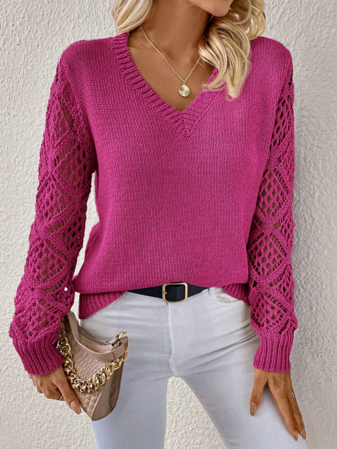 Solid V-neck Pullover Sweater With Hollow Long Sleeve Fashion