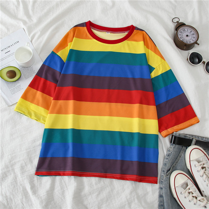 Rainbow stripes loose hood Sweater
