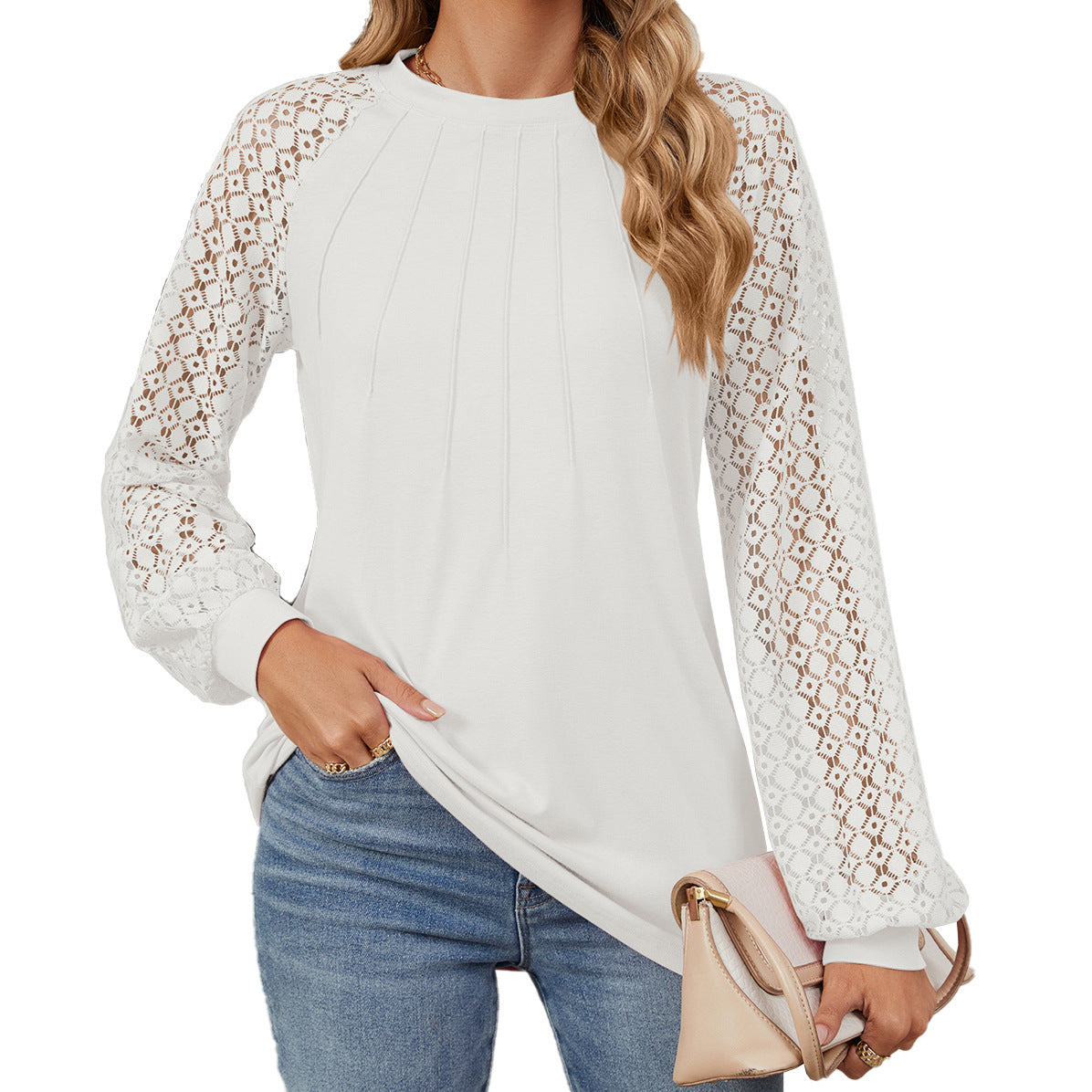 New Lace Long Sleeve Round Neck T-shirt Fashion Loose