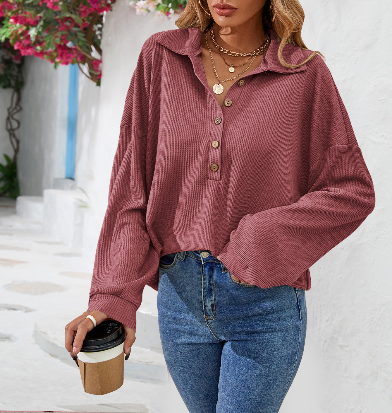 Fashion Lapel Button Sweatshirt Casual Loose Solid Color