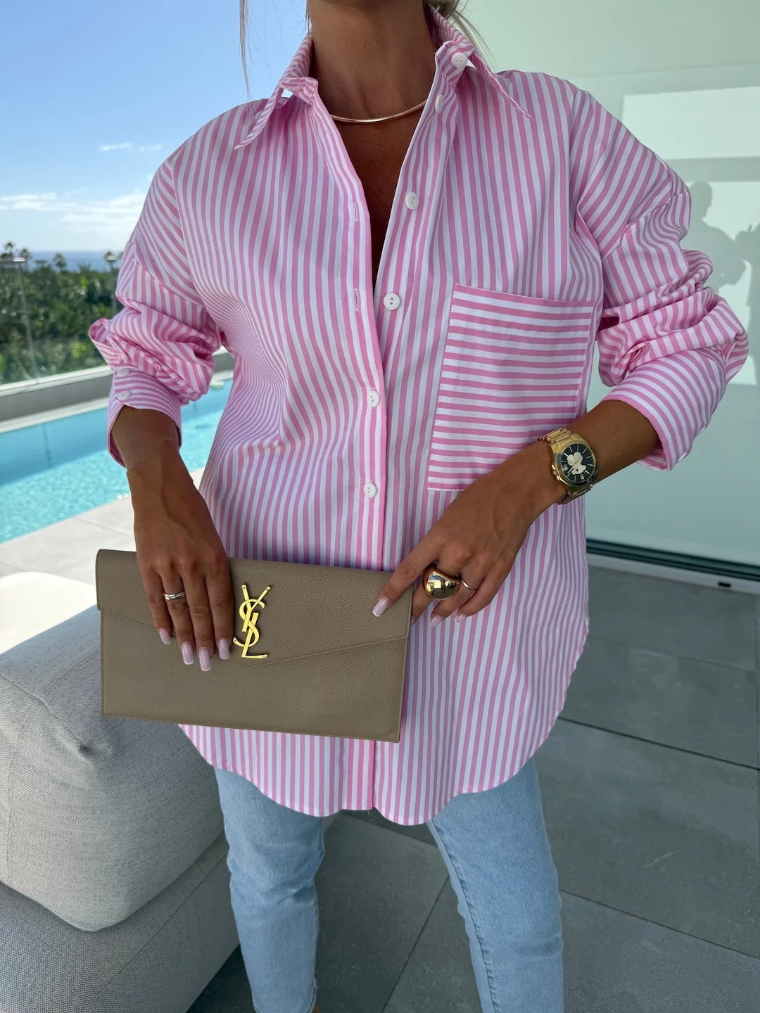 Spring Summer Long Sleeve Lapel Shirt Striped Print Lapel Shirt