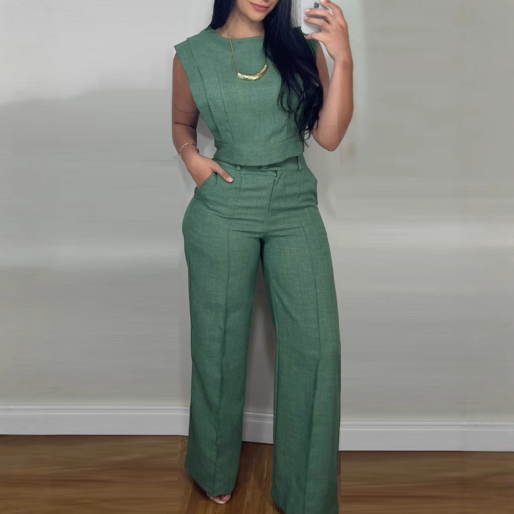 Summer Sleeveless Suit Fashion Round Neck Vest Top And Pocket
