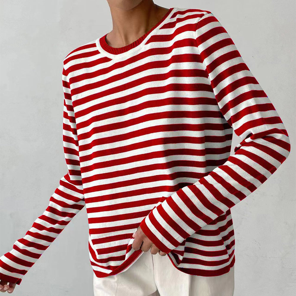 New Knitted Striped Long Sleeved Sweater Versatile Pullover