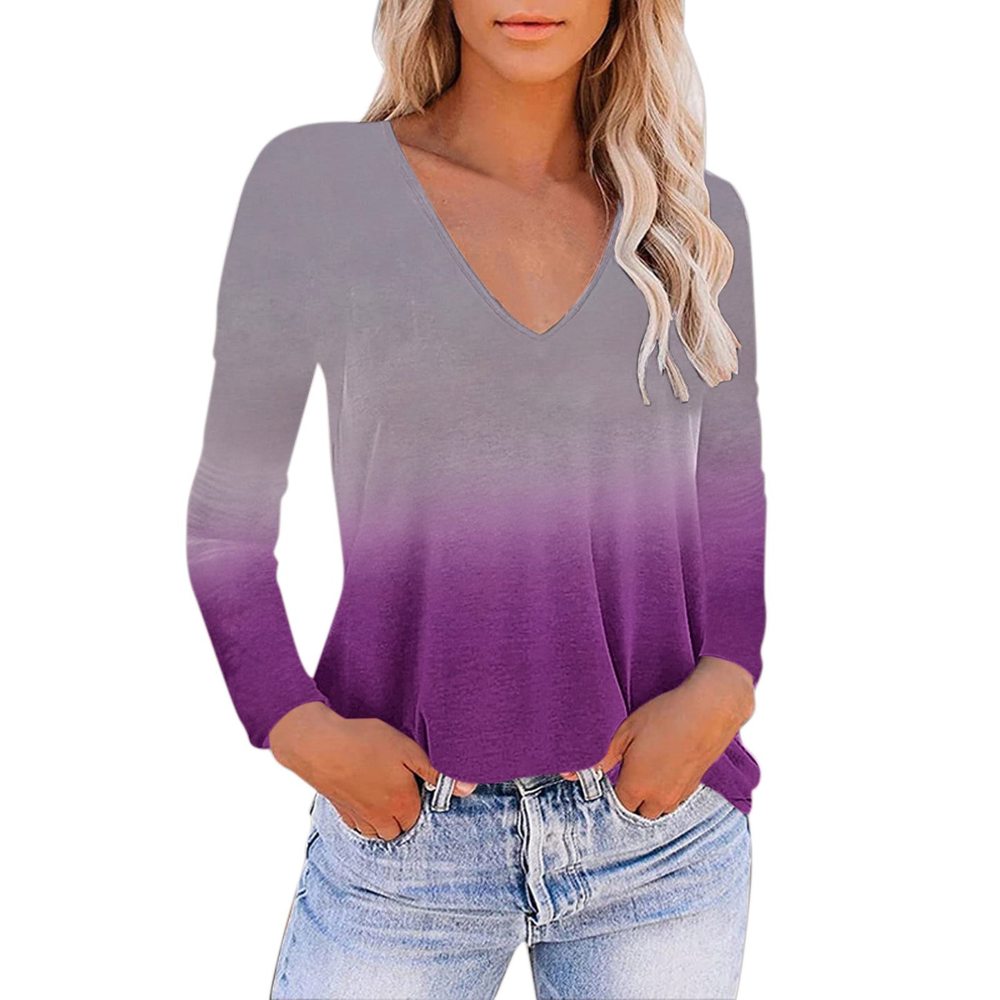 European And American Women's V-neck Gradient Print Loose T-shirt