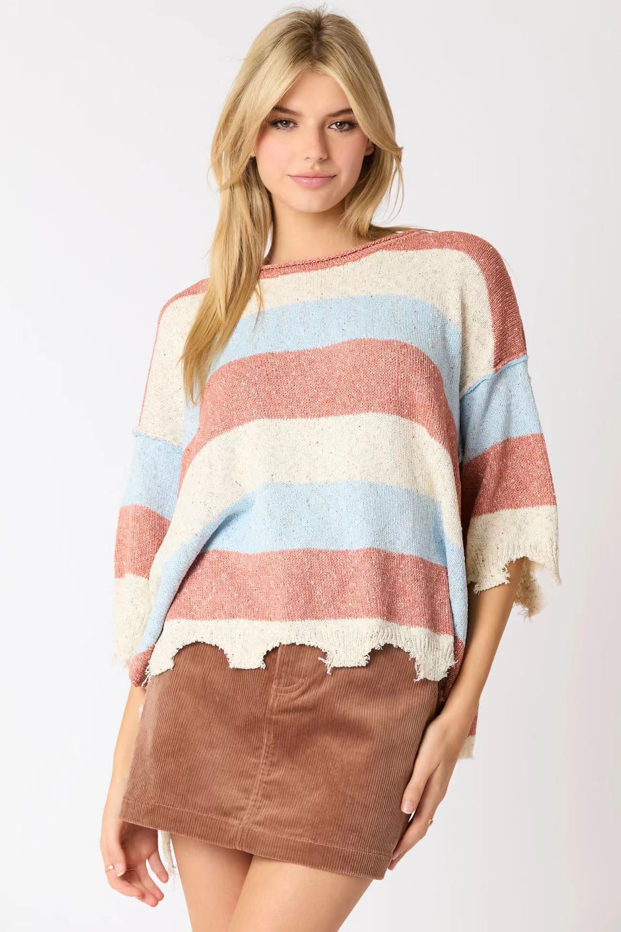 Women's Multi-color Stripe Contrast Color Short-sleeved