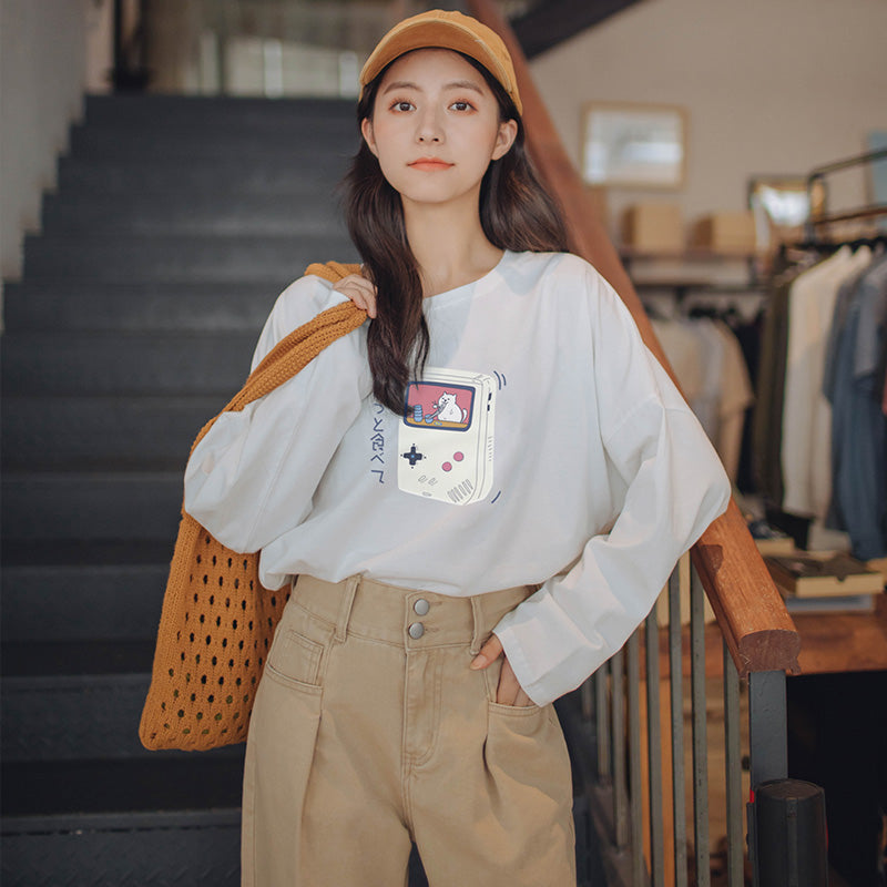 Pure Cotton Long-sleeved T-shirt Women's Thin Loose Bottoming Round Neck Top