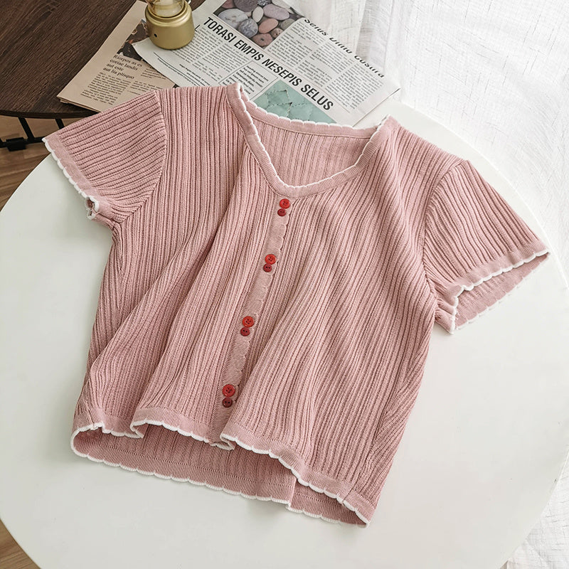 Round Neck Top Short Knit Sweater Women's Thin Short Sleeve T-shirt Shirt