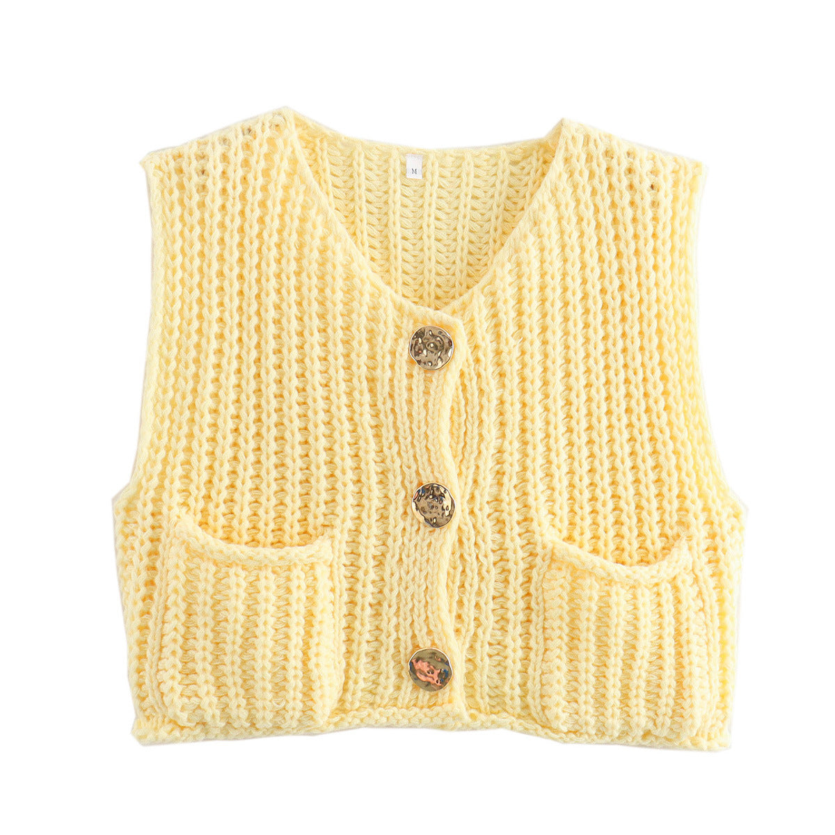 Women's Pocket Sleeveless Short Knitted Cardigan Vest Shirt
