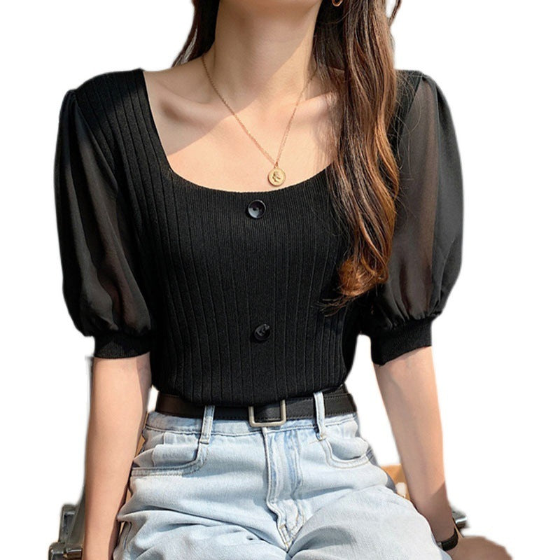 Sleeves Splicing Square Neck T-Shirt Tops Fashion Short-Sleeved Knitted Bottoming Shirt