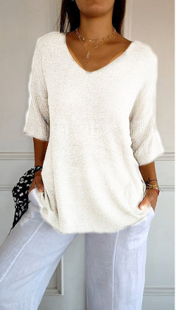 Solid Long Sleeve Sweater Slimming V-neckline Knitwear
