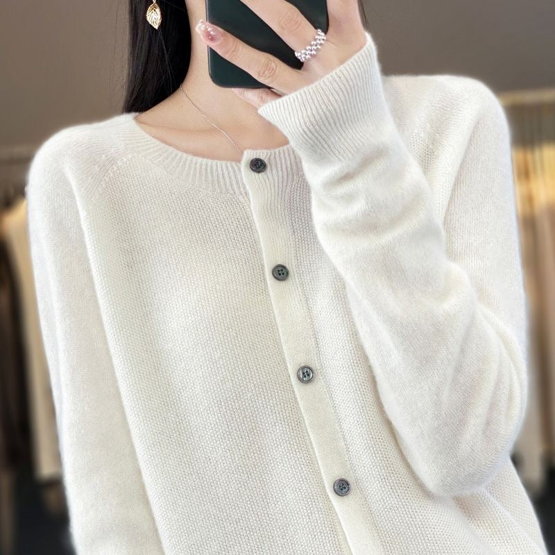 Fashion Merino Wool Cardigan Sweater Women O-Neck