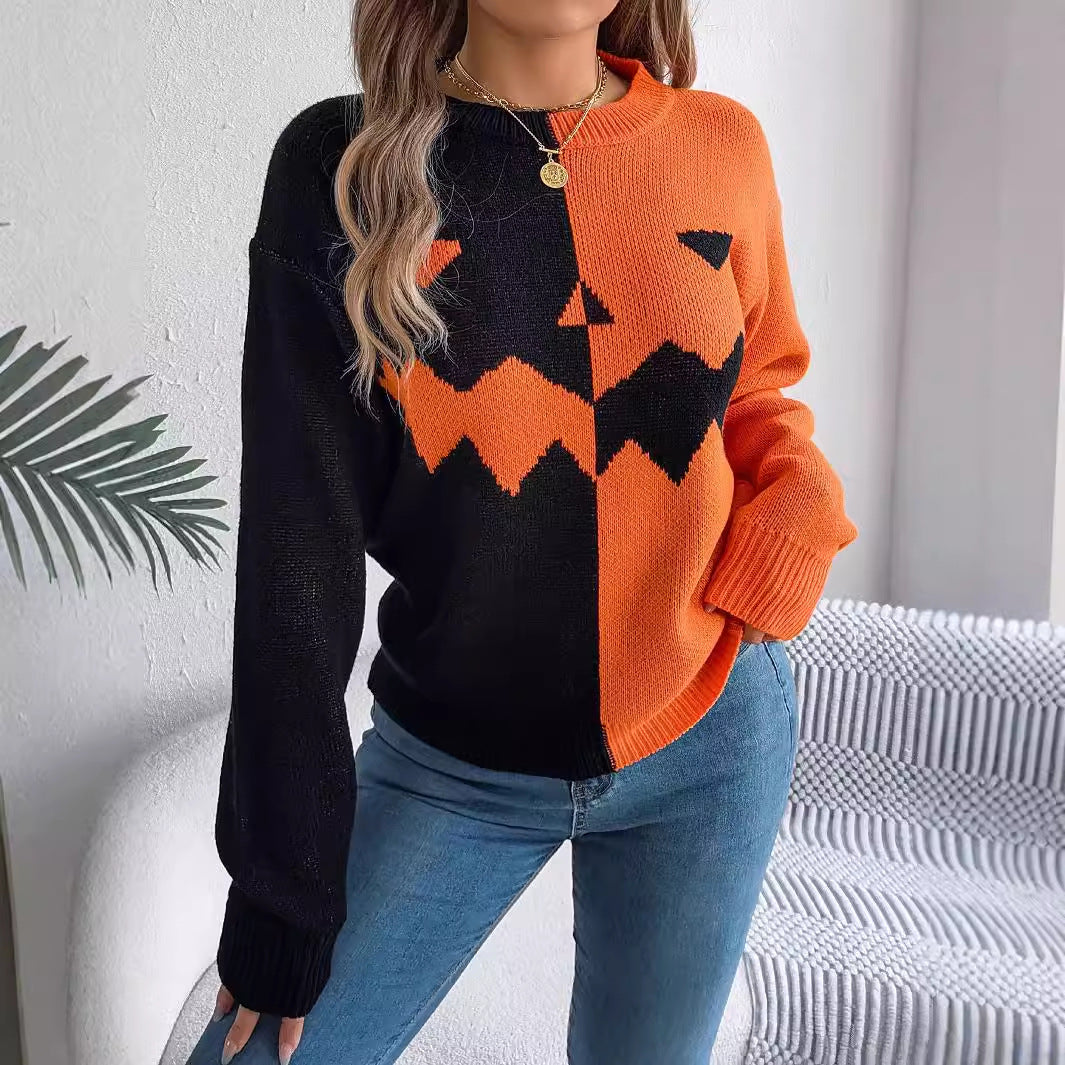 Halloween Contrast-color Pullover Sweater Fashion Long Sleeve