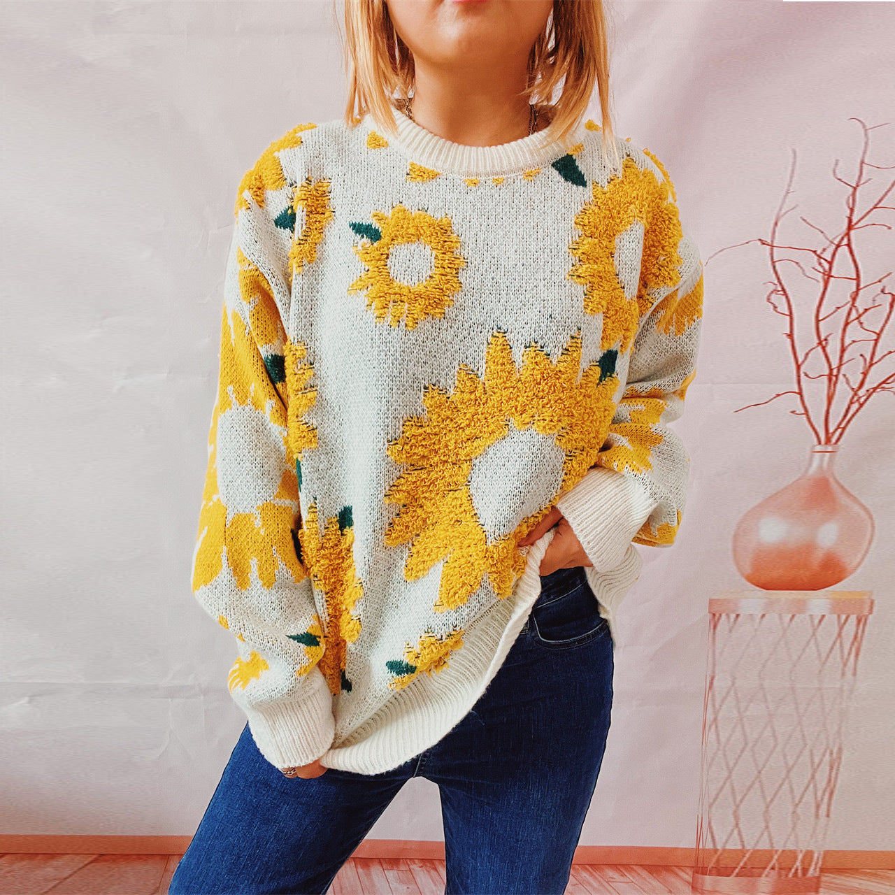Women's Fashion Casual Sunflower Jacquard Sweater
