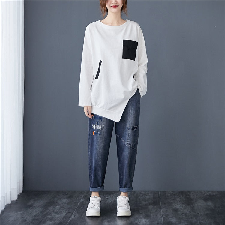 Women T-Shirt Casual Vintage Patchwork Zipper Pullover