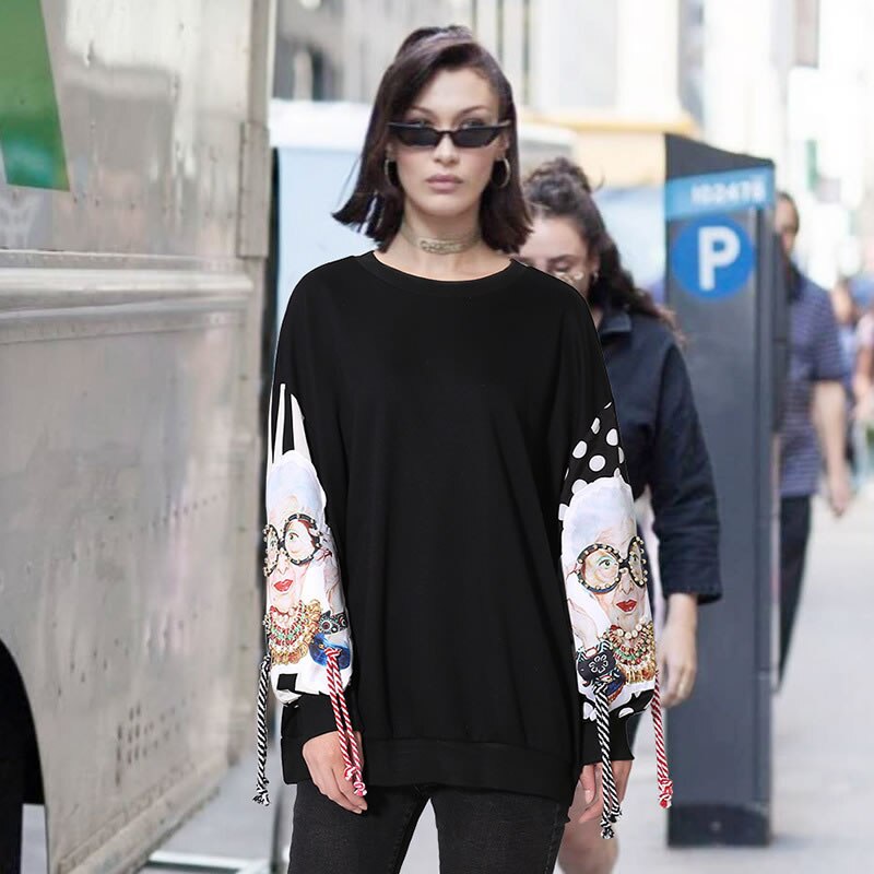 Black Long Sleeve Sweatshirts Women Patchwork Print Tassel
