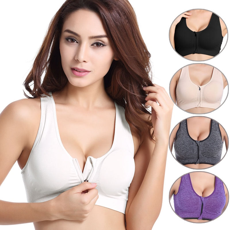 Women Zipper Push Up Sports Bras Padded Wire free Sports Tops