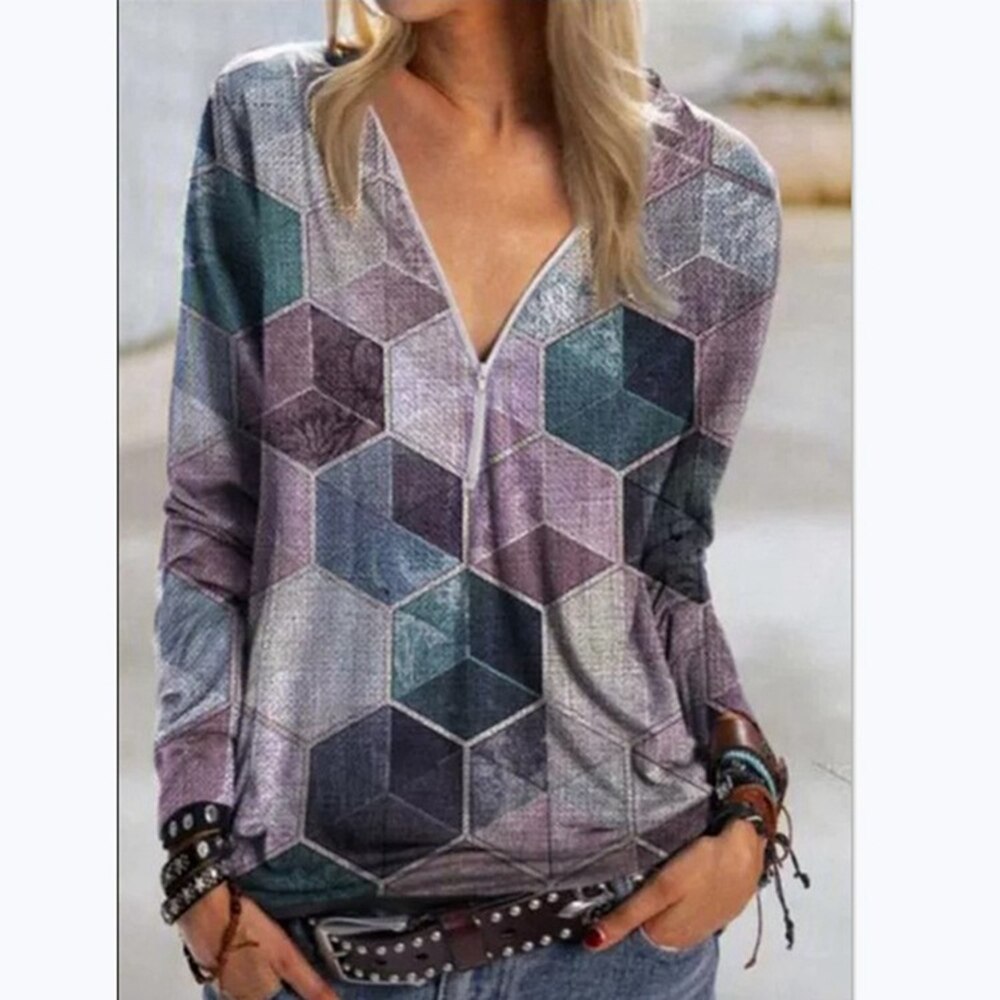 Woman's T-shirt 2021 Spring and Summer New Fashion Zipper V-neck Printed Long Sleeve Casual Plus Size Soft Thin Top