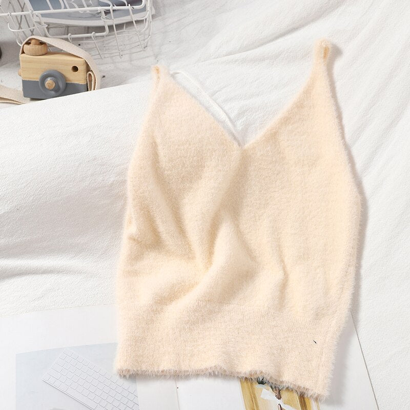Women Summer Solid Fuzzy Knitted Crop Tops V Neck Sexy Cosy