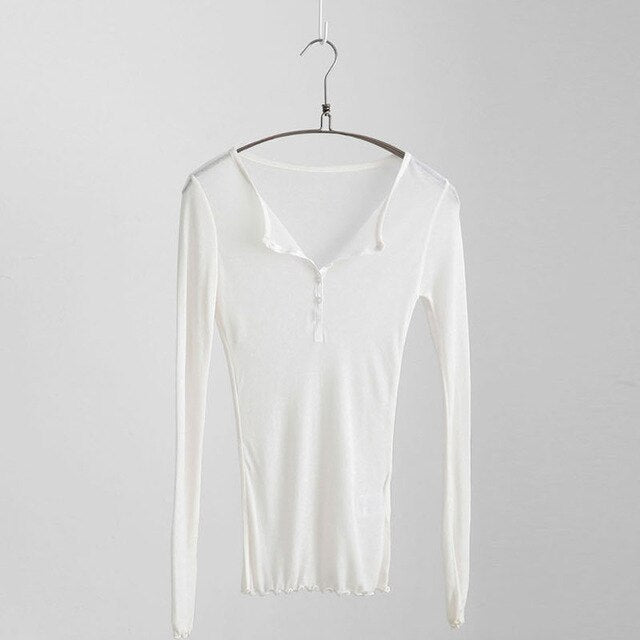 Sexy V Neck Full Sleeve Shirt Women Thin Knit Shirts