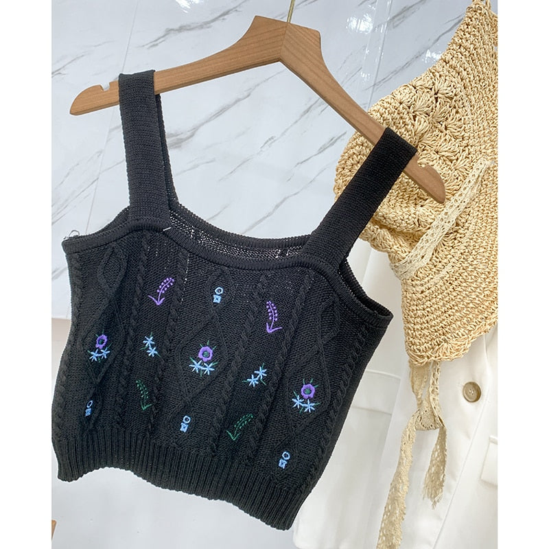 Women Flower Embroidery Knitted Crop Tops Elastic Camisoles